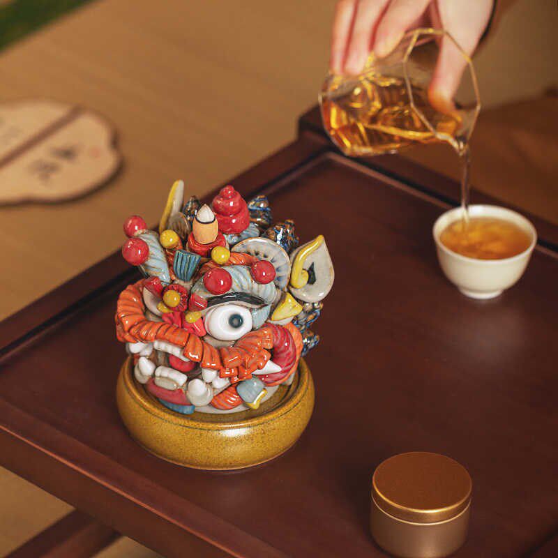 景禧造广东国潮醒狮摆p件手工陶瓷茶宠茶桌摆件倒流香香炉开业礼图片