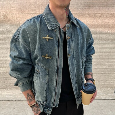 OXFREAK「飞机扣 重工水洗」春季短款牛仔夹克男宽松复古翻领外套