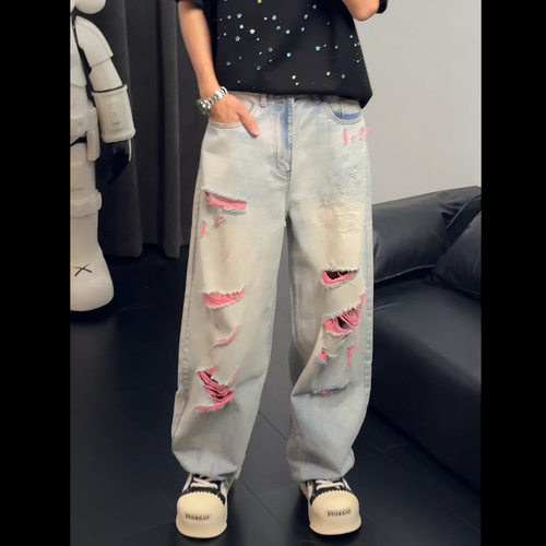 潮牌美式高端刺绣破洞设计弯刀牛仔裤宽松休闲痞帅小众男女阔腿裤