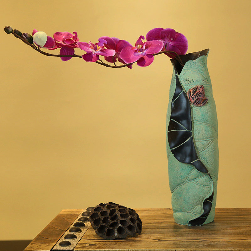 干花花瓶新中式家居装饰品复古工艺品时尚客厅摆件花插荷叶小花瓶