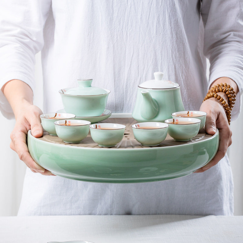 潮汕功夫茶具套装家用小套青瓷茶盘茶壶盖碗茶杯整套陶瓷茶船