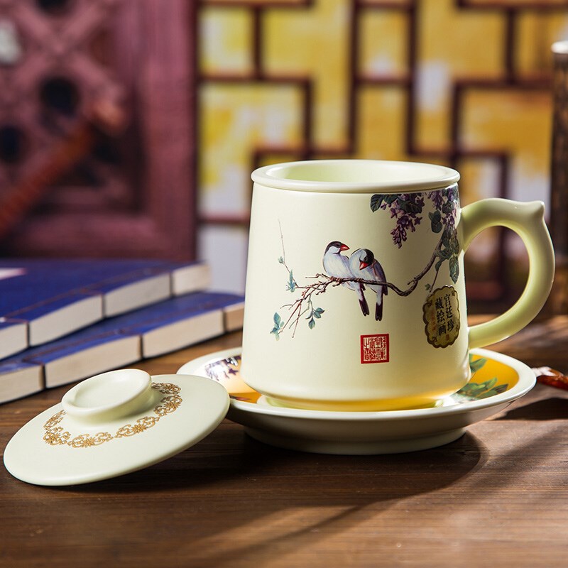 景德镇陶瓷四件套礼盒 中式风格带盖办公杯青花祥龙献瑞会议杯