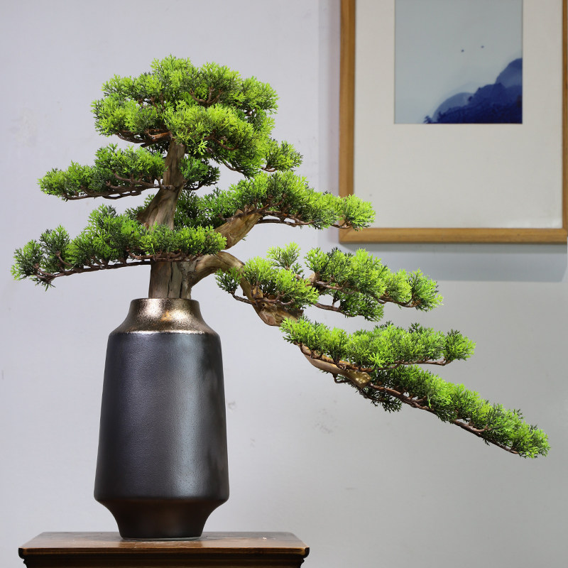 新中式陶瓷禅意花瓶插花干花 迎客松盆景绿植艺术装饰品创意客厅