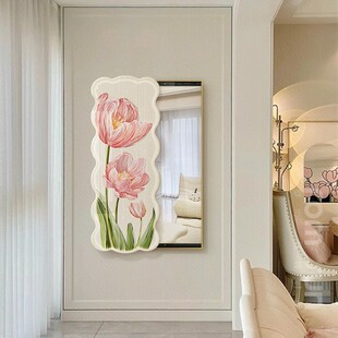 奶油风花卉全身镜装饰画客厅玄关镜子壁画推拉隐藏式全身镜挂画