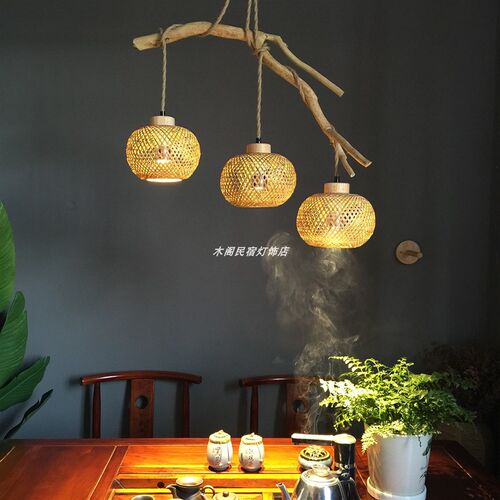 侘寂风树枝吊f灯餐厅灯三头麻绳灯禅意茶室竹编复古射灯实木艺术