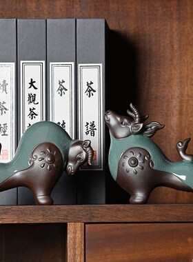 陶瓷牛摆件一对招财牛气冲天客厅玄关桌面博古架T装饰品生肖牛摆