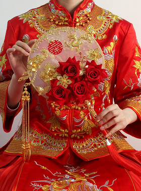 中式团扇秀禾服新娘结婚礼出嫁手工B喜扇diy长柄团扇 古风成品扇