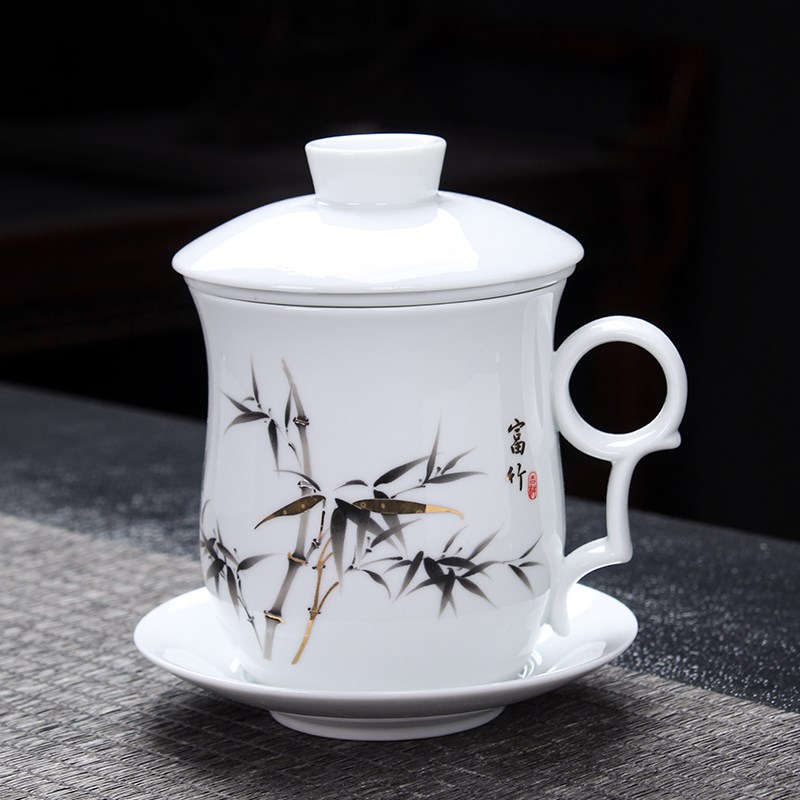 羊脂白瓷办公杯带碟子四件套带过滤泡茶杯公司活动LOGO定制伴手礼