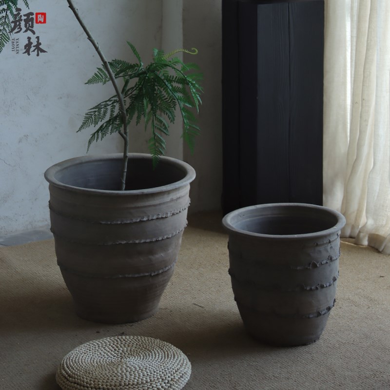 粗陶花盆大口径陶土盆民宿装饰盆透气陶缸复古种树大号花盆纯手工