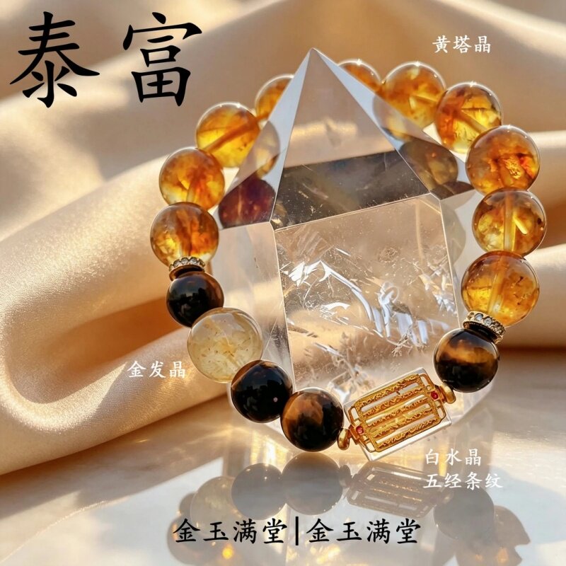 【钱途无量】水晶手串天然黄塔晶金发晶虎眼石招财简约百搭手链