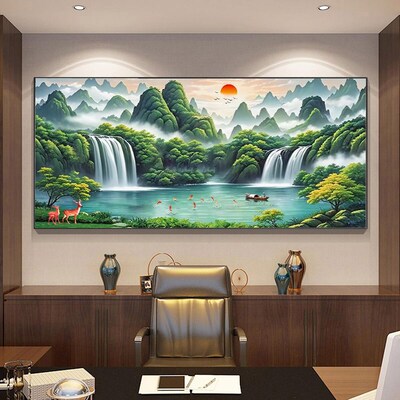 流水生财聚宝盆山水画客厅沙发背D景墙挂画办公室装饰画字画壁画