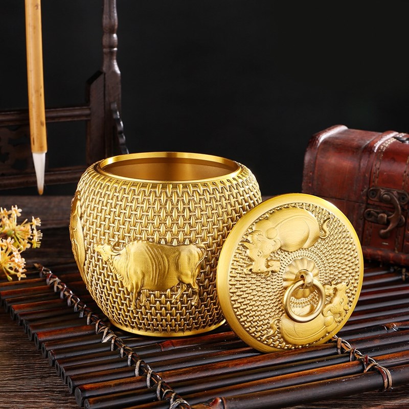纯铜五牛茶叶罐密封罐高档小号金属存茶盒茶仓普洱醒茶储存罐子