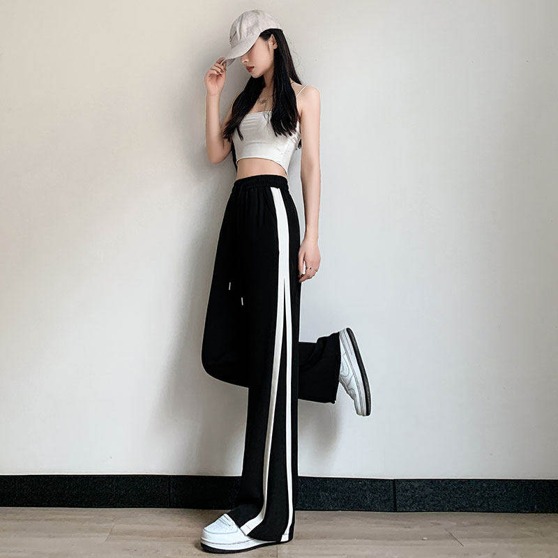 黑色冰丝运动裤女夏季薄款高腰垂感直筒宽松休闲小个子窄版阔腿裤