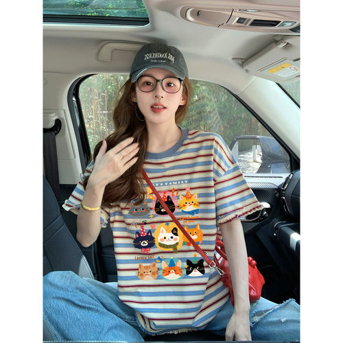 趣味卡通印花条纹短袖t恤