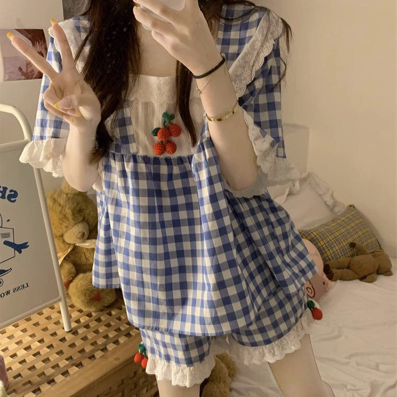 2026新款睡衣女款夏季薄款甜美格子学生夏天短袖家居服可外穿套装