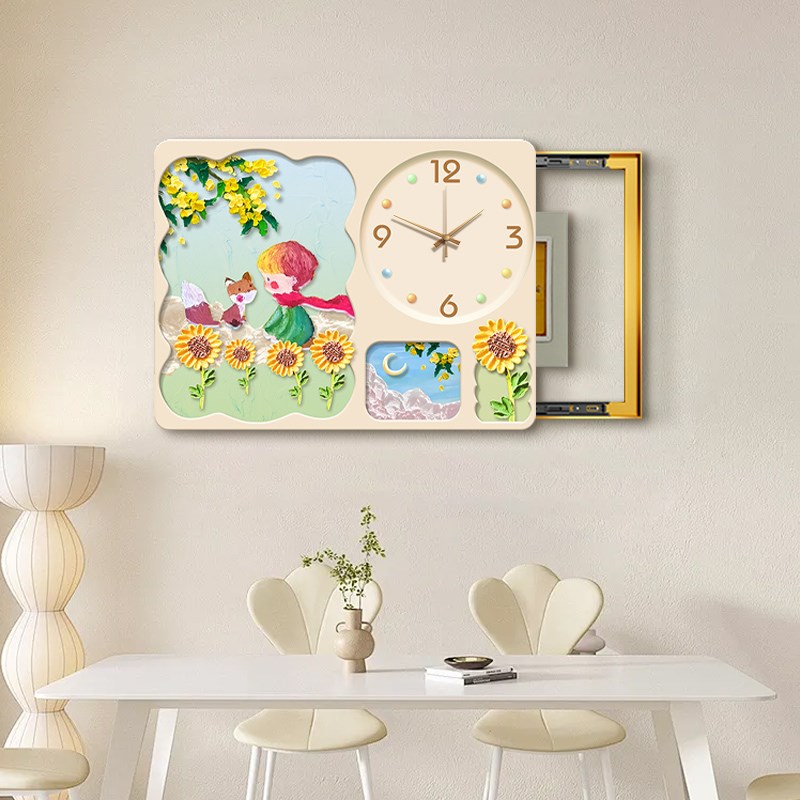 奶油风电表箱装饰画带钟表小王子时钟挂画遮挡配电箱总开关盒壁画