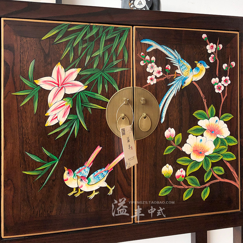 新中式实木餐边柜彩绘玄关柜储物隔断柜手绘复古典百搭客厅装饰柜