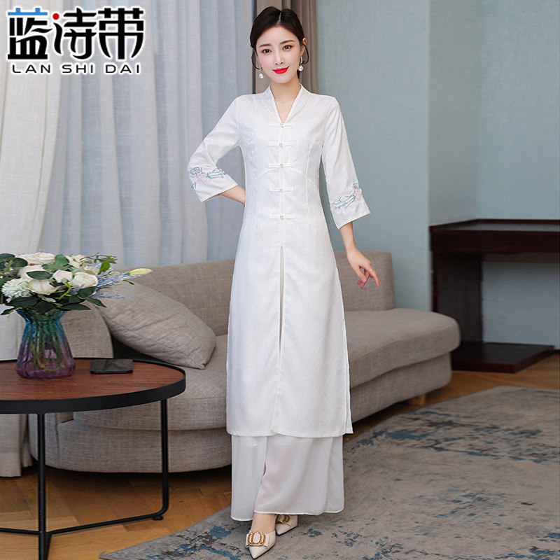 中式复古唐装上衣中长款提花茶服禅意禅服春夏中国风汉服改良旗袍