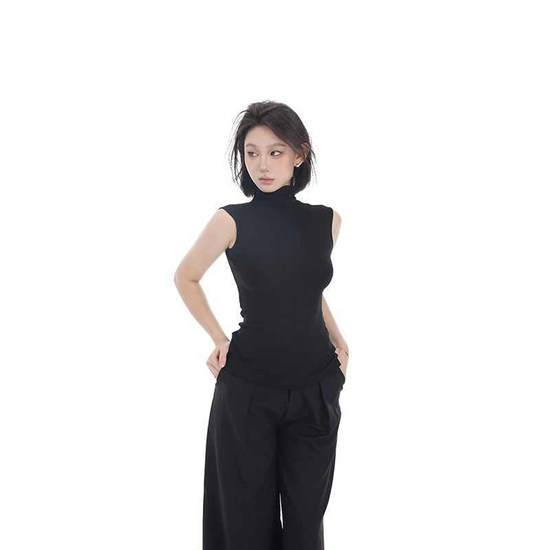 PEMPL 高领无袖背心女春季新款修身显瘦打底衫百搭针织上衣内搭潮