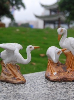 盆景鱼缸造景水族配件陶瓷仙鹤丹顶鹤双鹤池塘园林庭院装饰品