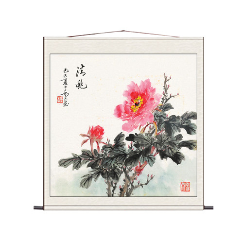 国画牡丹斗方挂画可定制丝绸壁画装饰卷轴名家茶楼古典挂画丝绸画
