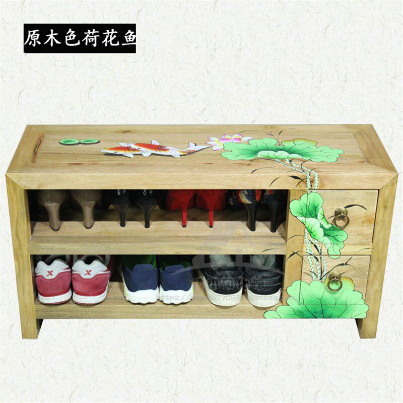 香樟木彩绘中式门厅换鞋凳实木储物凳客厅简约收纳穿鞋凳多层鞋架