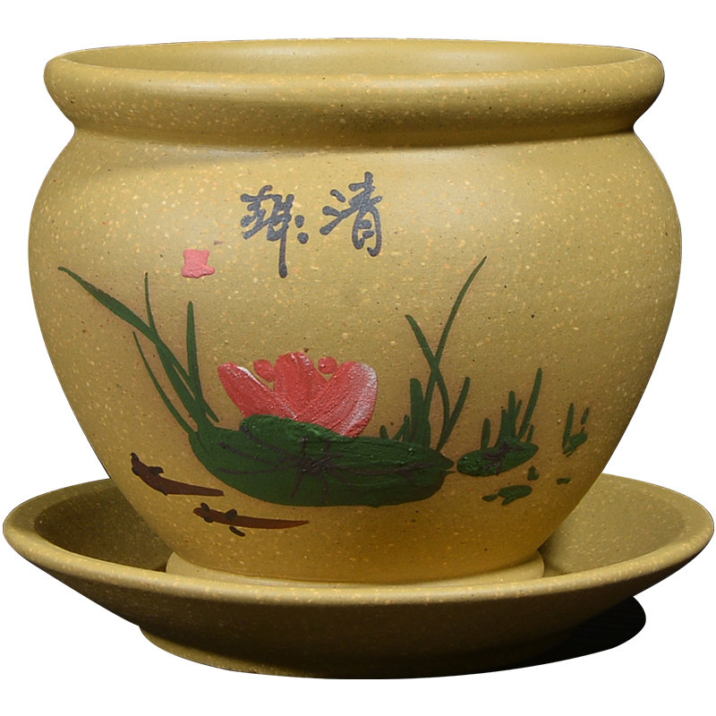 多肉花盆 无孔水培铜钱草文竹办公桌专用 宜兴陶瓷紫砂花盆带托盘