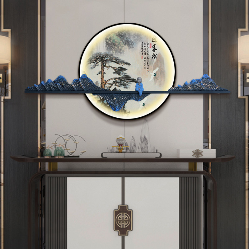 新中式客厅墙饰壁挂创意玄关LED灯发光装饰画餐厅茶室铁艺立体画