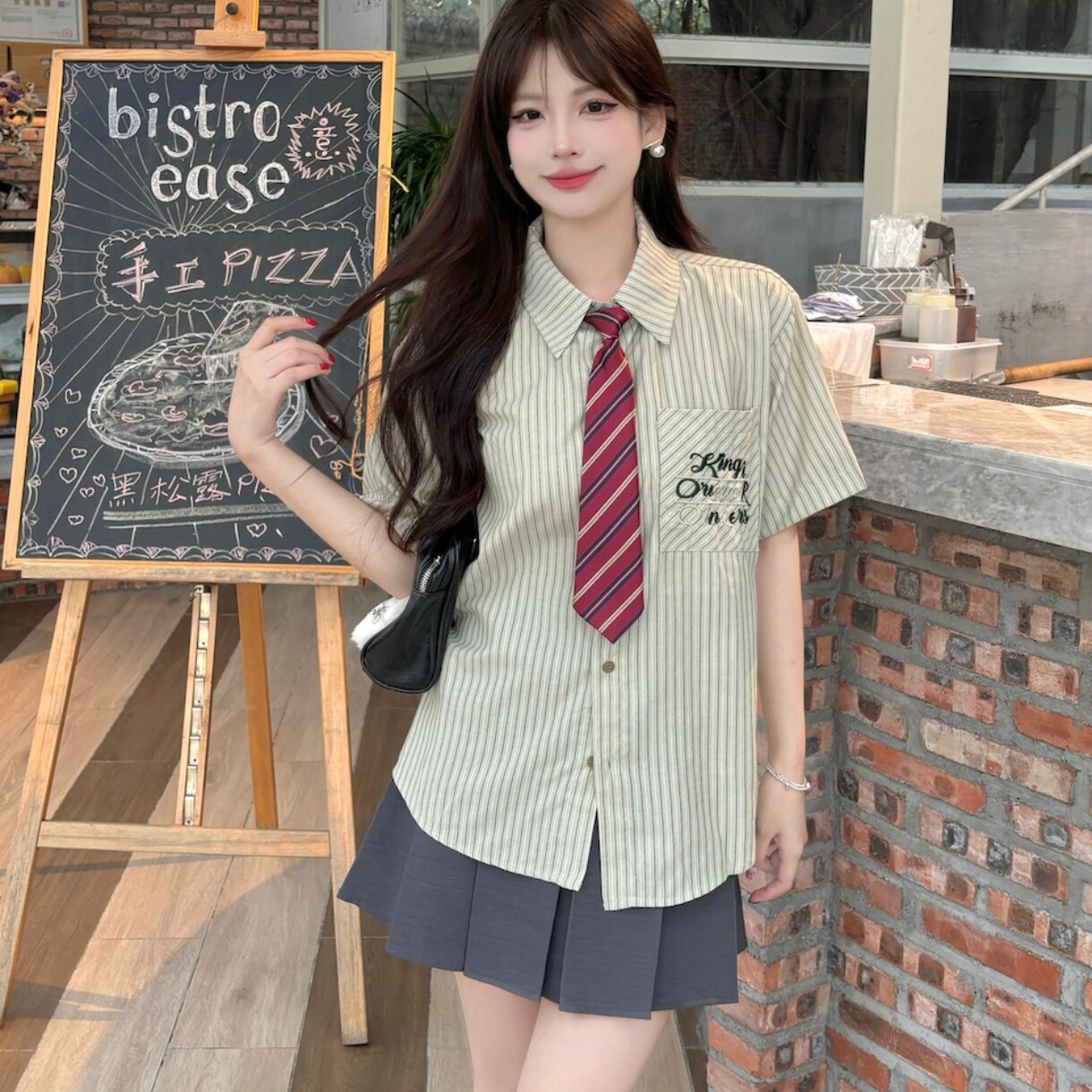 实拍夏天多巴胺穿搭一整套韩系学院风短裙绿色jk制服百褶半裙套装