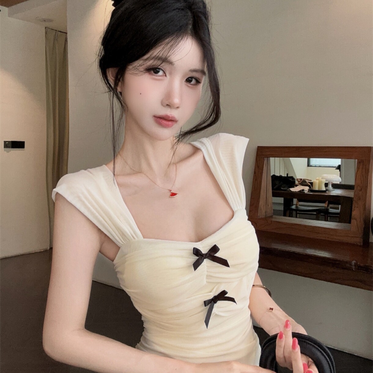 实价实拍~纯欲风性感辣妹网纱拼接蝴蝶结洋气收腰小个子包臀短裙