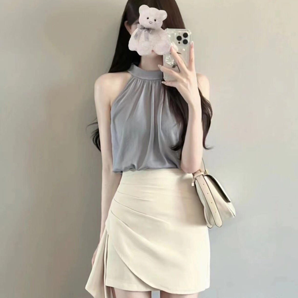 夏季法式初恋甜美气质欲纯风辣妹设计感小众挂脖上衣两件套装裙子