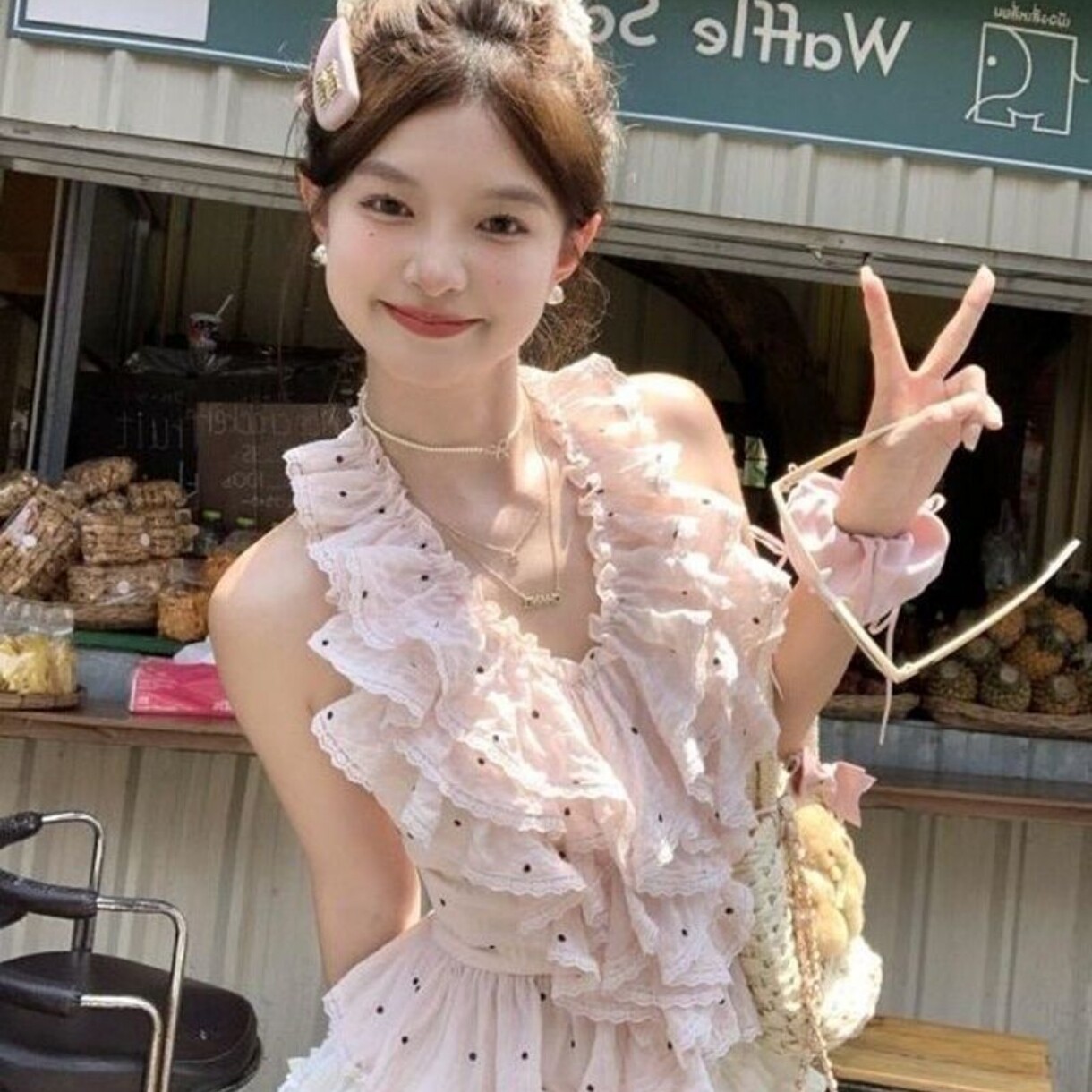 甜美氛围感ins风粉色波点拼接荷叶边挂脖背心上衣蓬蓬蛋糕裙夏季