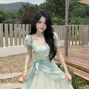 茶歇法式甜美清新多巴胺高级感晕染印花拼接网纱收腰假两件连衣裙