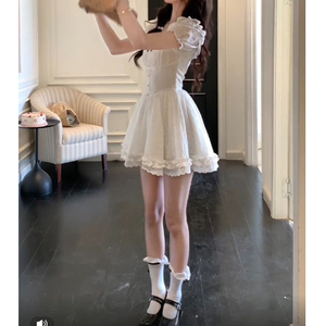 初恋白月光短袖掐腰小个子连衣裙女夏日绝美甜美白色公主蓬蓬裙子