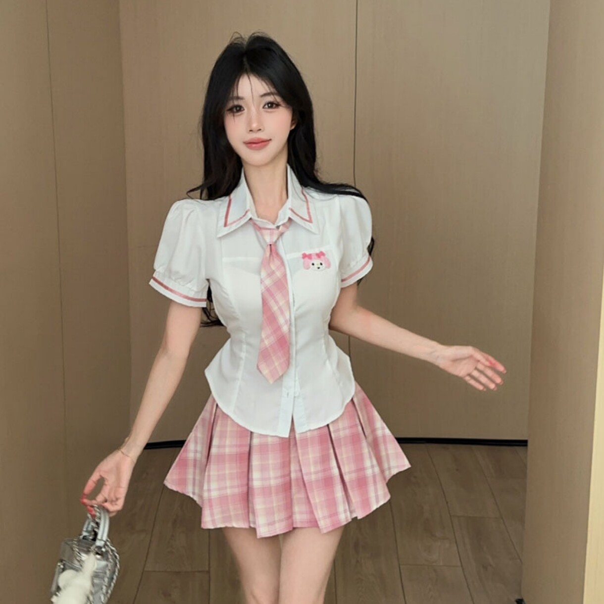 实拍实价 甜美学院风小众设计感jk衬衫上衣高腰格子粉半身裙套装