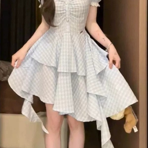 蓝色格纹娃娃领连衣裙女夏季小个子复古学院风设计感不规则短裙子