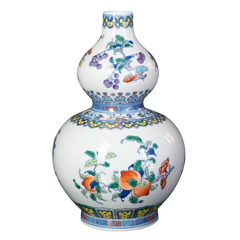 景德镇陶瓷青花瓷花瓶手绘斗彩三多纹葫芦瓶客厅复古中式家居摆件