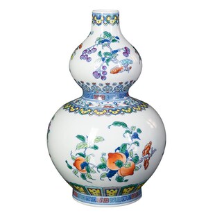 景德镇陶瓷青花瓷花瓶手绘斗彩三多纹葫芦瓶客厅复古中式家居摆件