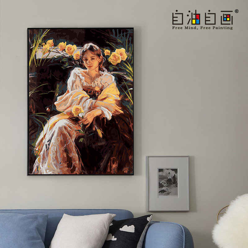 自油自画数字油画diy客厅人物手绘填色涂色填充油彩画 她在花丛中