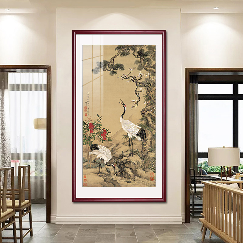 入户玄关画松鹤延年挂画新中式客厅装饰画楼梯走道壁画仙鹤寿桃图