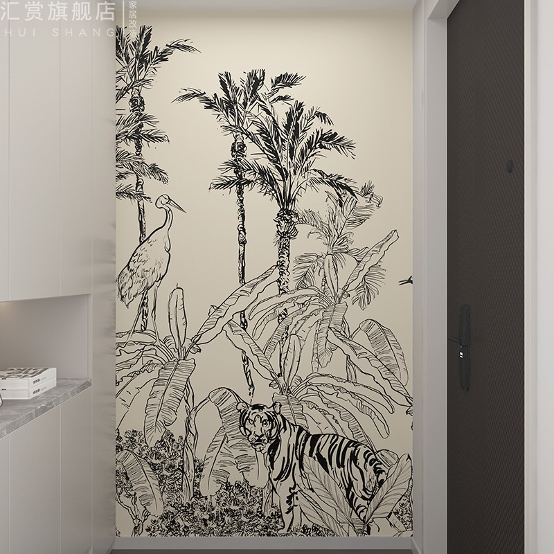 法式中古自粘壁画屏风改造贴纸客厅背景墙纸动物丛林壁纸虎嗅蔷薇