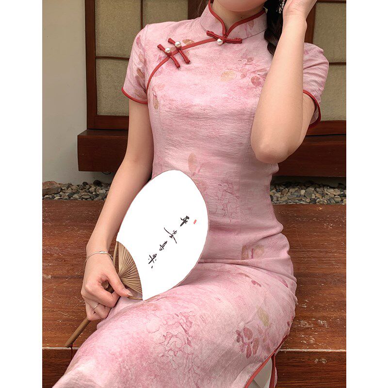故双栖【夏天的风】粉色改良旗袍女新中式小个子夏季新款2024新款