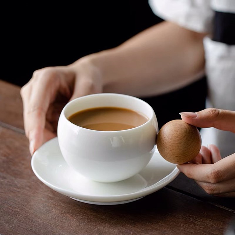 白瓷咖啡杯套装高档羊脂玉瓷创意木柄杯碟下午茶专用杯子定制LOGO