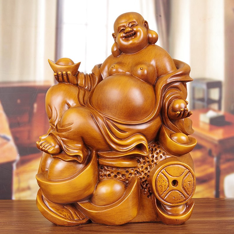 弥勒佛摆件实木雕刻招财元宝笑佛像雕塑店铺公司开 业前台收