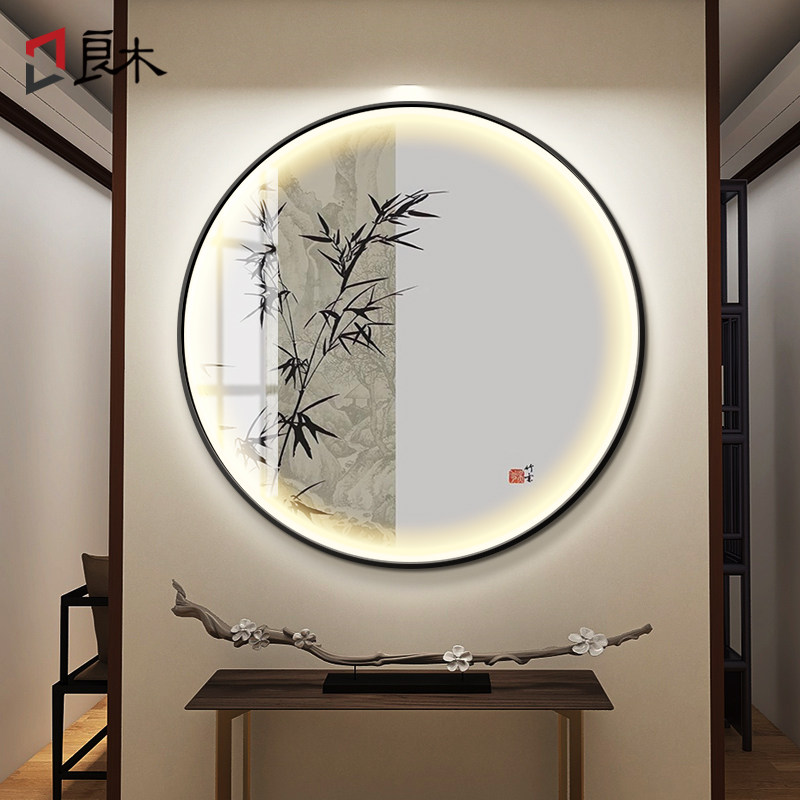 中式圆形装饰画入户玄关LED发光画禅意茶室书房竹子松树带灯挂画