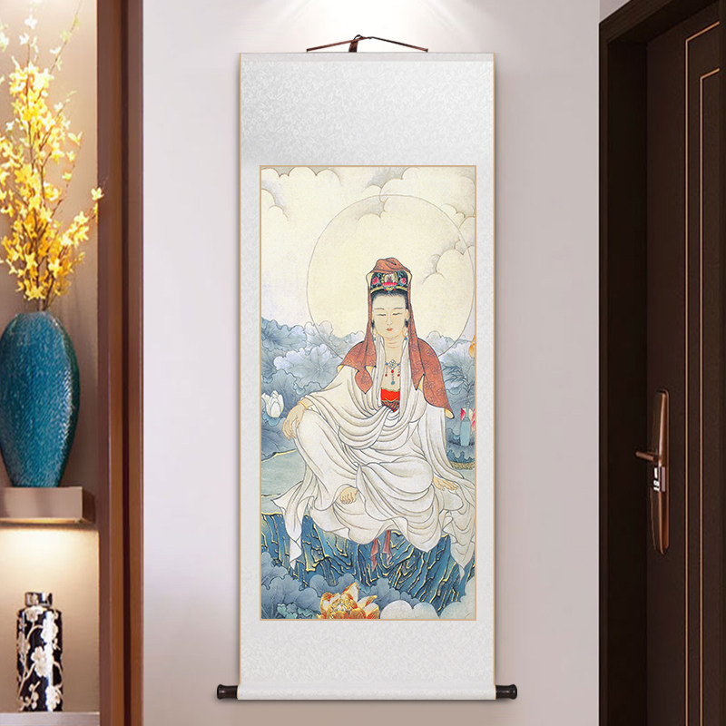 南海观世音菩萨画像玄关画送子观音娘娘卷轴挂画新中式客厅装饰画