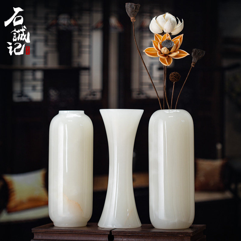石诚记高档玉石百合花瓶摆件客厅装饰创意大号中式家用白色插花樽