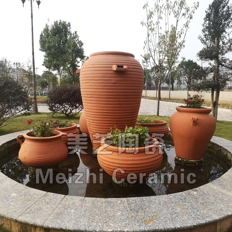 户外花园鱼池喷泉陶罐流水花盆红陶花坛带嘴花瓶栽花钵景观喷水缸
