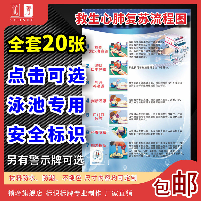 游泳池健身馆安全制度标识牌溺水抢救操作规程泳客须知心肺复苏流