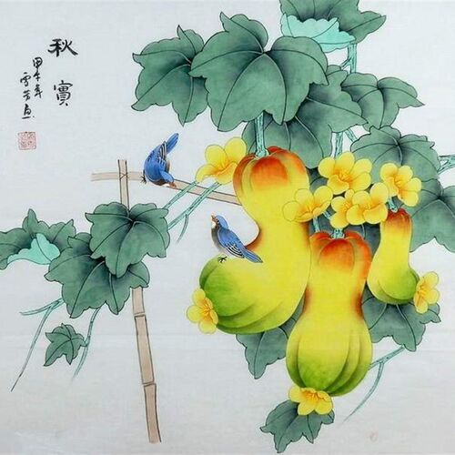GG纯手绘国画装饰m画顾雪芳四尺斗方三尺工笔画花鸟南瓜蔬菜水果